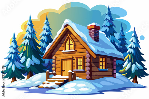 Wooden cabin glowing warmly under bright moon and surrounded by deep snow