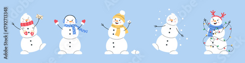 Set of cute christmas snowmen with gifts, lights and snowflakes. Cozy winter characters for festive designs. Vector illustration