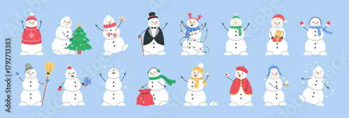 Set of cute winter snowmen in festive outfits and cozy accessories. Cheerful characters with gifts, lights, snowflakes and holiday props for Christmas and New Year designs. Vector illustration