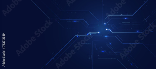 Abstract Blue Digital Technology Background with Circuit Board Lines and Glow Effect