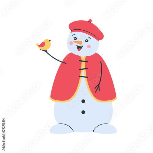 Snowman sharing a warm winter moment with a tiny bird. Charming pastel character in a red beret and cozy cape with soft clean shapes, gentle expression and heartwarming seasonal mood.