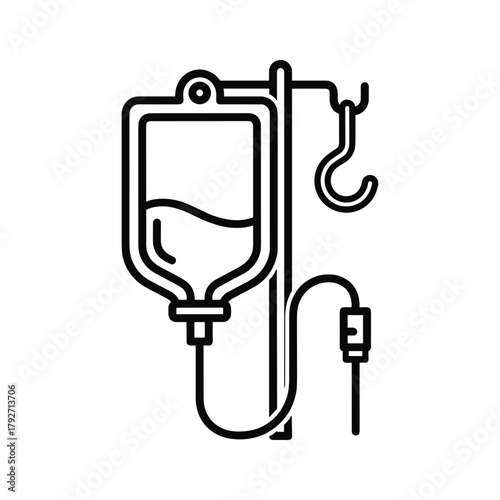 Line art icon of an intravenous drip bag and stand