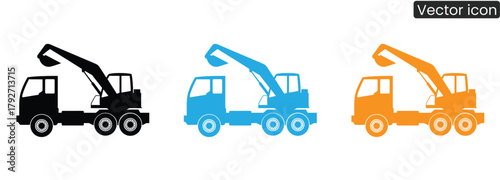 A trio of construction trucks in black, blue, and orange stand ready for any project. Ideal for learning resources, business marketing, and graphic design.