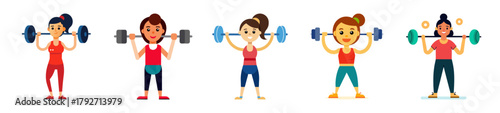 Woman lifting weights fitness training exercise workout set character