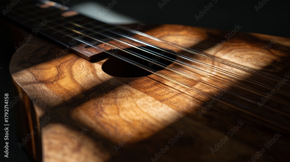 Obraz premium Wooden ukulele rests in soft sunlight, showcasing detailed grain and strings gently illuminated