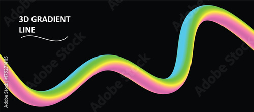 Abstract vibrant 3D twisted wave shape with gradient colors on a black background. Fluid vivid rainbow ribbon with squiggly loops or spirals. Trendy dynamic futuristic banner
