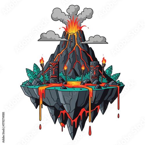 Dynamic volcanic island paradise with tiki statues and flowing lava offers adventure and exotic escape