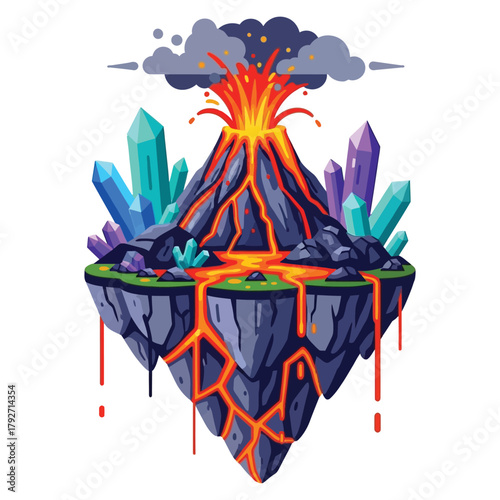 Dynamic floating island erupts with molten lava and vibrant crystals, showcasing nature's raw power and geological wonder in a fantastical landscape.
