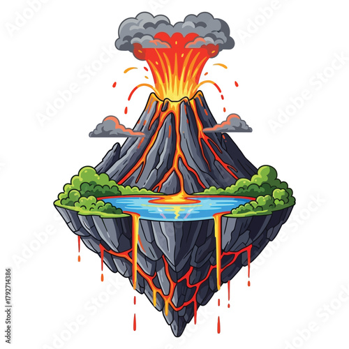 Dynamic erupting volcano island scene with molten lava flowing into a vibrant blue lake and lush green foliage