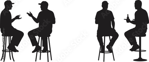 Silhouetted figures, bar stool conversation, casual interaction, animated gestures, black silhouettes, social scene, relaxed posture, minimal design, people talking