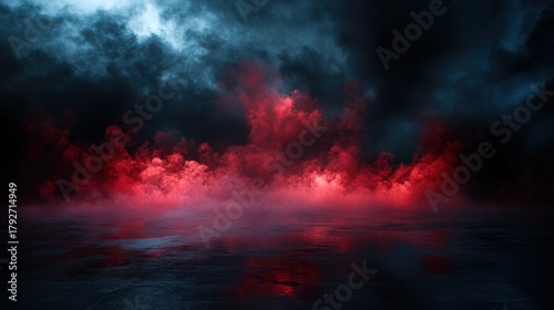A dramatic scene featuring dark clouds and red mist reflecting on a still surface, evoking a mysterious and atmospheric mood.