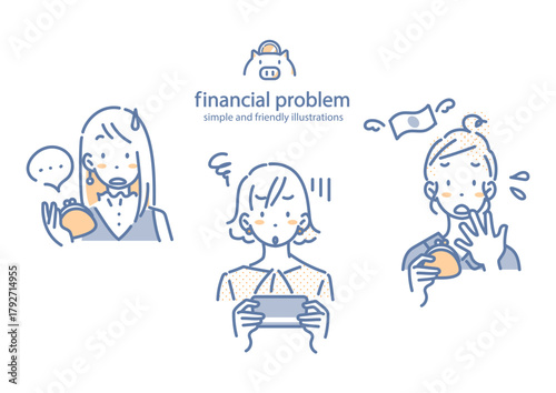 お金に不安を感じる若い女性　シンプルでお洒落な線画イラスト