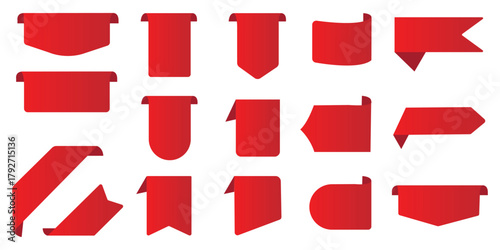  Set of 12 red ribbon banners with various shapes and styles. Perfect for use in banners, advertisements, certificates, and promotional designs. Simple, elegant, and versatile vector ribbons