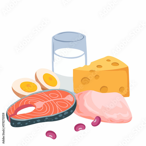 Vector illustration of protein-rich foods including salmon fish, chicken breast, boiled eggs, cheese, red beans, and a glass of milk. This flat design is perfect for nutrition projects