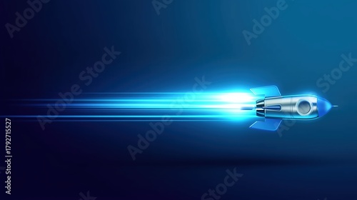 Futuristic blue rocket with glowing light speed trail flying through air, dynamic motion blur and wide-angle perspective, vector illustration in modern technology style with blue gradient background a