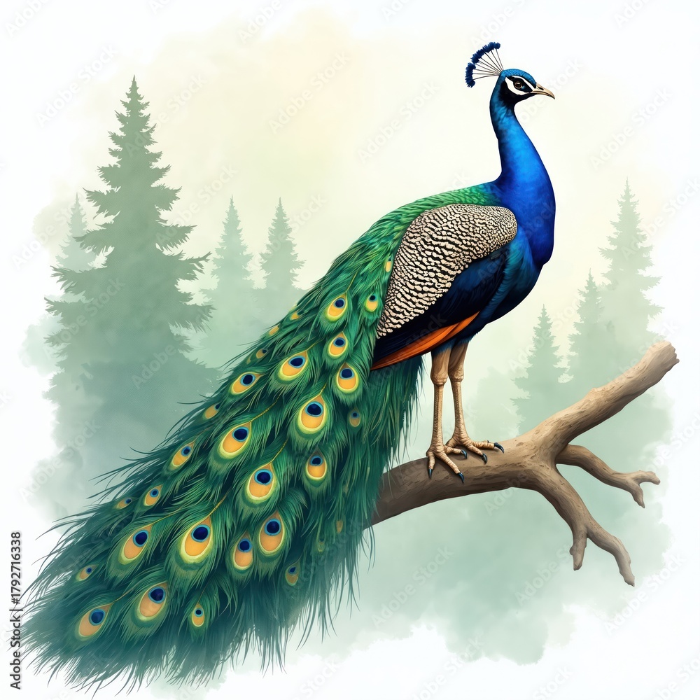 Obraz premium Majestic peacock bird with ornate tail feathers rests on tree branch. Rich green forest background with misty trees creates tranquil nature scene. Elegant fowl displays vibrant plumage.