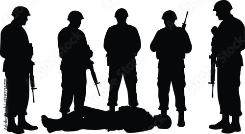 Soldier silhouettes, military tribute, fallen comrade, battlefield scene, army honor, war memorial, dramatic moment, black and white illustration