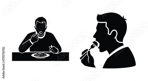 Two black silhouettes of men eating one at a table another in profile