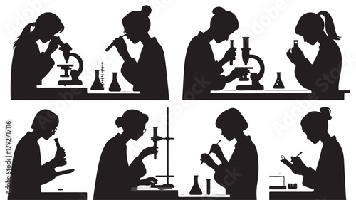 Silhouette of female scientists working in a lab conducting experiments with microscopes and test tubes vector illustration isolated on white