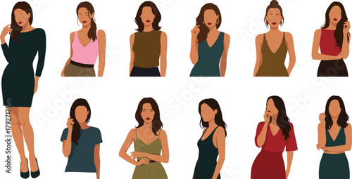 Stylized women illustration, fashion poses, diverse outfits, character design, trendy clothing, vector art, hairstyle variety, modern look, fashion concept