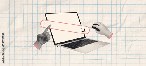 Trendy halftone collage with laptop search. Promotion retro banner with space for your art. Cut out hands, crumpled checkered paper. Vector.