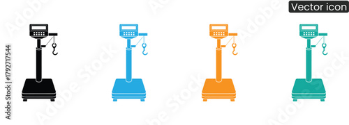 A digital illustration of industrial hanging scales in black, blue, orange, and teal against a white backdrop, perfect for illustrating measurement or industry.