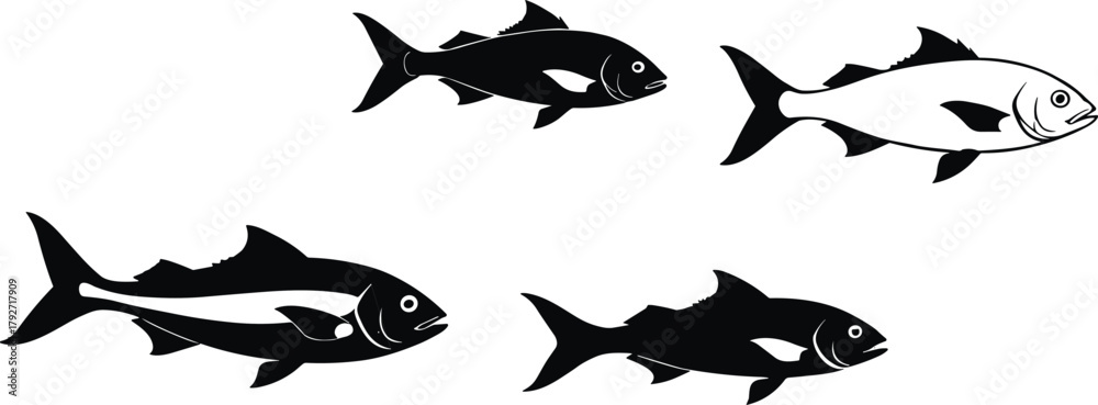 Fototapeta premium Stylized fish illustration, black and white, aquatic design, marine life, fish silhouette, vector art, underwater theme, graphic, pattern, species