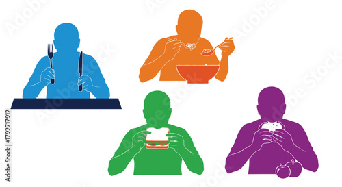 Four stylized figures enjoying various meals with different foods and utensils