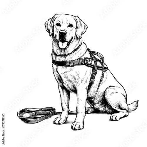 Service dog in equipment, black and white sketch. Digital illustration. Purebred rescue or guide dog, the drawing is isolated on a white background 27
