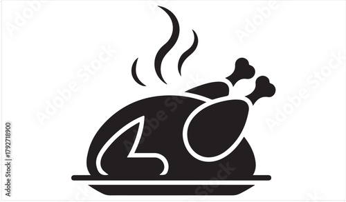 Steaming roast chicken icon in clean black and white vector style