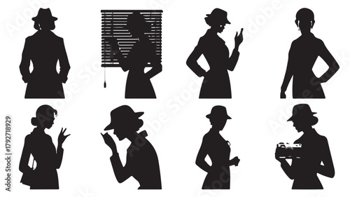 Silhouette set of female detectives wearing hats and suits vector illustration isolated on white background