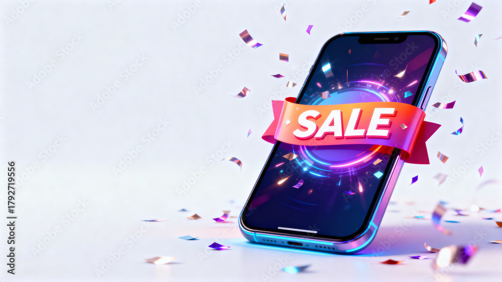 Naklejka premium Smartphone displaying sale notification with confetti background, symbolizing online shopping, space for text 
