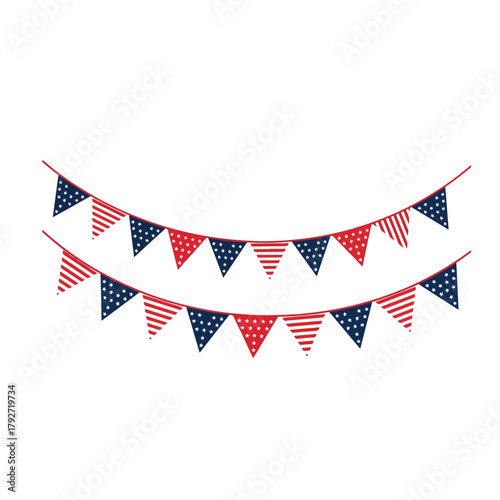 Two rows of patriotic American flag bunting garlands with stars and stripes patterns, perfect for celebrations