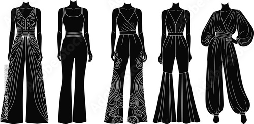 Women’s jumpsuit fashion vector, stylized silhouette set, creative garment cuts, wide-leg and crisscross designs, puff sleeve outfit, apparel sketch