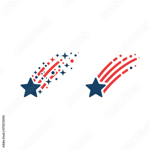 Two stylized shooting stars with American flag colors and star elements for graphic design on white background