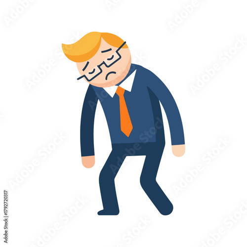 Tired Businessman Slouching Down With Droopy Eyes and Glasses Over White Background Flat Design