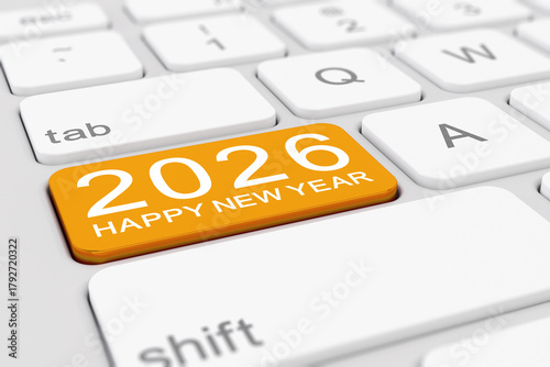 3d render of a white keyboard with a yellow key and the inscription 2026 - happy new year - represents the new year 2026 - vacation concept.