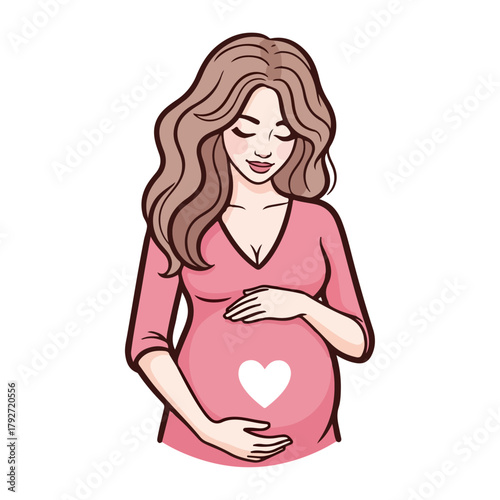 Beautiful pregnant woman holding her belly with a heart symbol, gentle expression, warm pink dress, expecting mother joy, pregnancy illustration