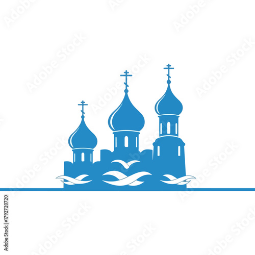 Traditional Russian Orthodox Church Architecture with Domes and Crosses and Stylized Waves and Birds Silhouette