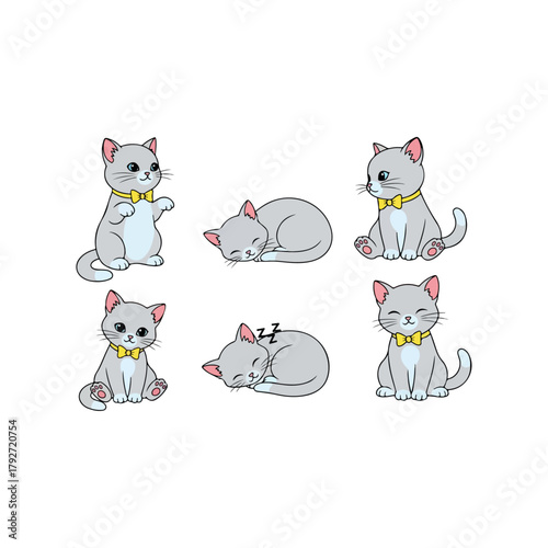 Cute Gray Kittens with Yellow Bows Set Adorable Felines in Various Poses Sitting Standing Sleeping Playful Companions