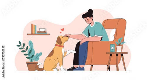A person lovingly petting their dog on a comfortable armchair in a cozy room surrounded by plants and books.