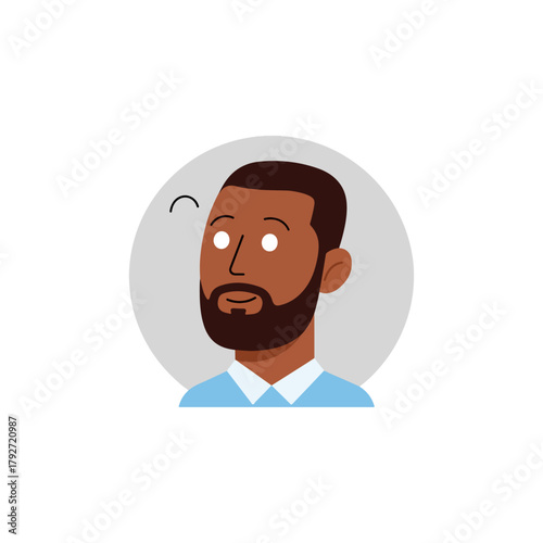 Illustration of a thoughtful Black man with a beard and blue shirt, in a light gray circle, looking to the side with a curious expression on his face and a faint question mark above.