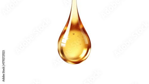 Vector illustration of a single drop of golden liquid, possibly oil or honey, falling on a transparent background
