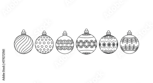 A festive row of intricately decorated Christmas ornaments hangs on a plain white background.