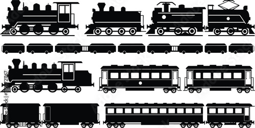 Train silhouette collection, locomotive engines, passenger cars, cargo wagons, railway transport, black vector, travel, transportation, rail design, graphic art