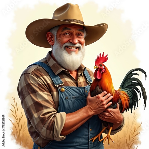 Smiling farmer holds rooster. Elderly man with beard wears hat, overall. Concept of farm, agriculture, livestock. Rural life. Symbol of organic farming, animal care. Happy countryman with poultry.