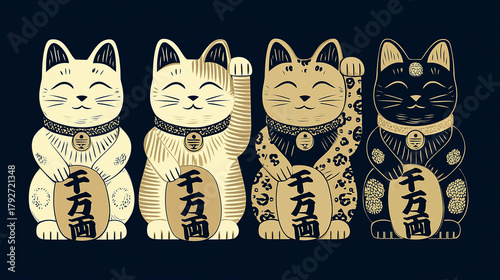 千万両の小判を持つ4種類の招き猫。金運と商売繁盛を願う日本の縁起物イラスト。 generative ai