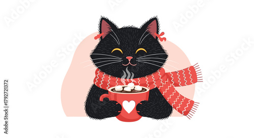 Cute fluffy black cat wearing a red scarf holding a mug of hot chocolate with marshmallows and a white heart.