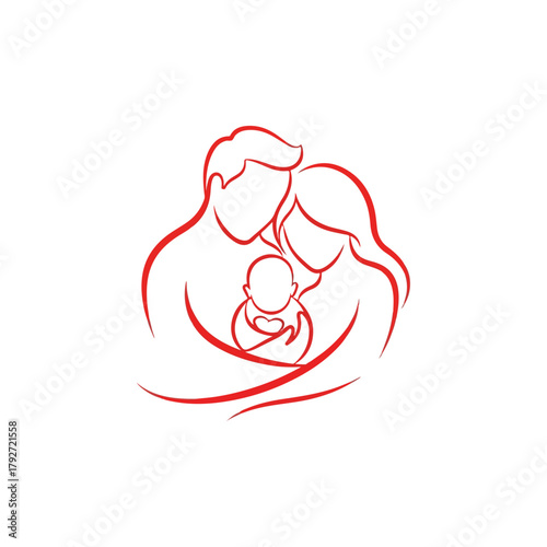 Loving family embrace, parents holding a newborn baby, symbol of unity, care, and new life, red line art