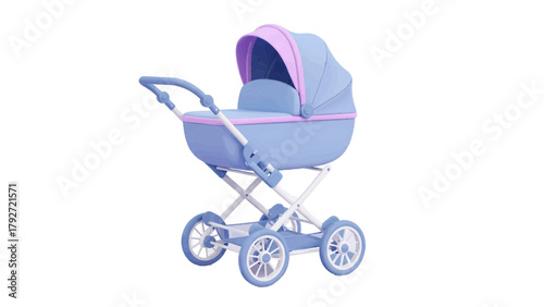 Vector illustration of a blue and purple baby stroller, on a transparent background